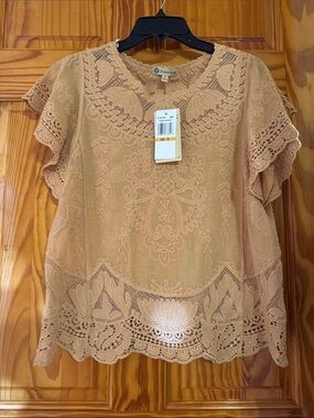 Democracy Crochet Lace Flutter Sleeve Blouse in Tan. 100% cotton